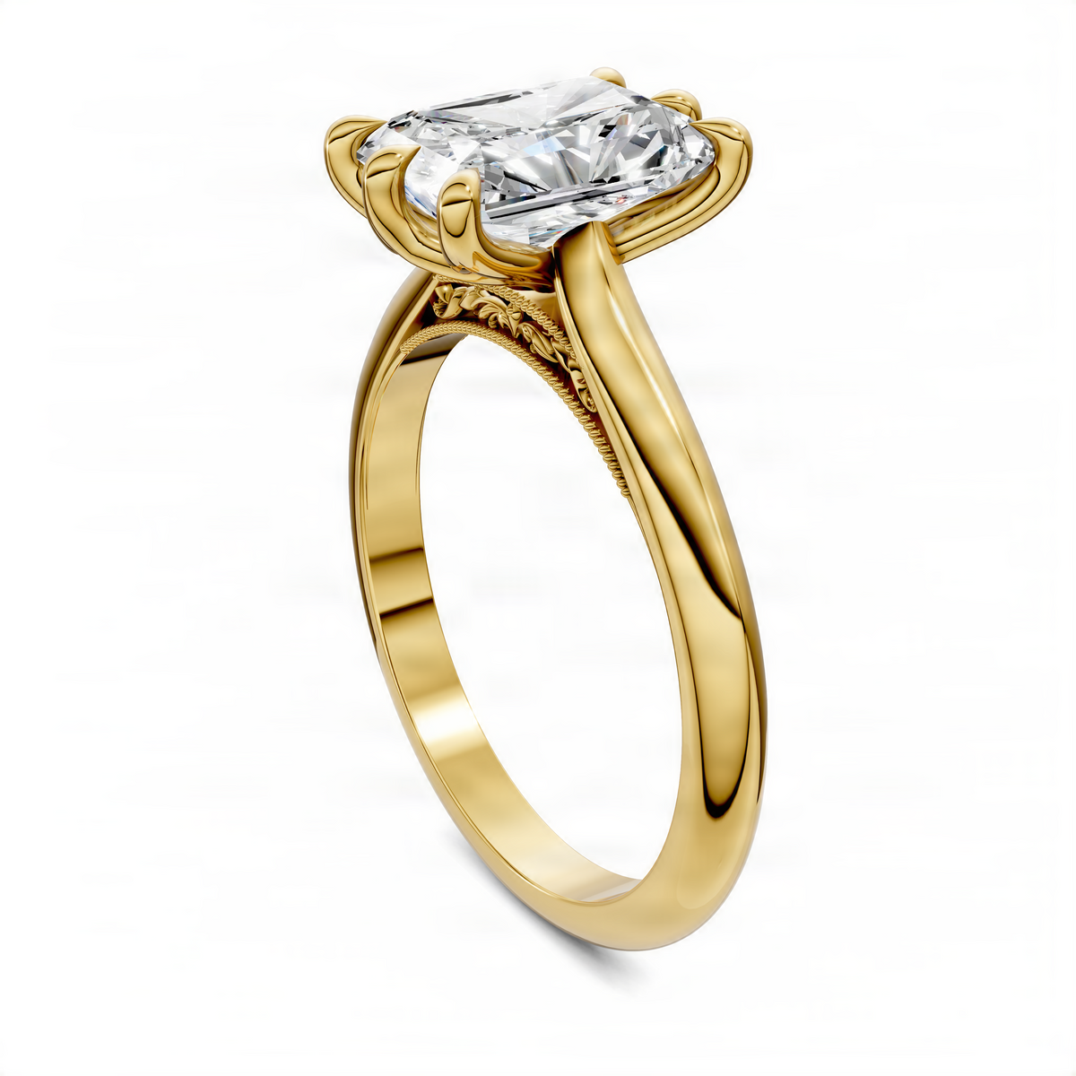Side view of square-cut center gemstone ring with petal prongs, yellow gold band