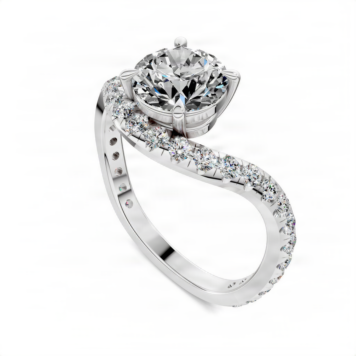 Platinum round east-west pavé ring with round center stone