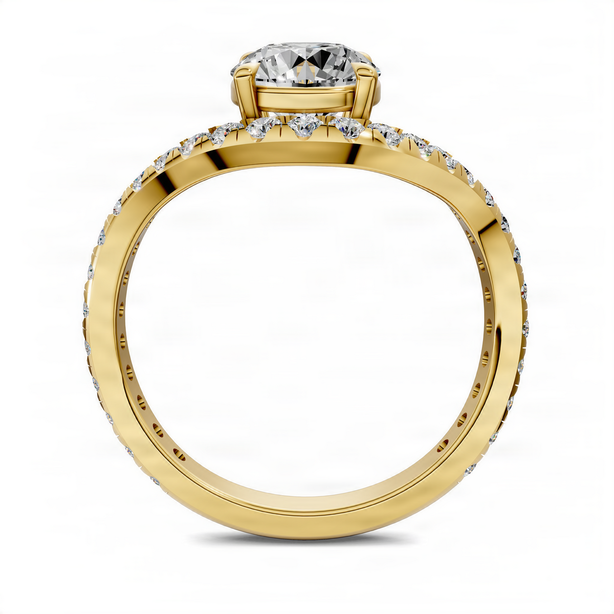 Round east-west pavé ring with round center stone in yellow gold