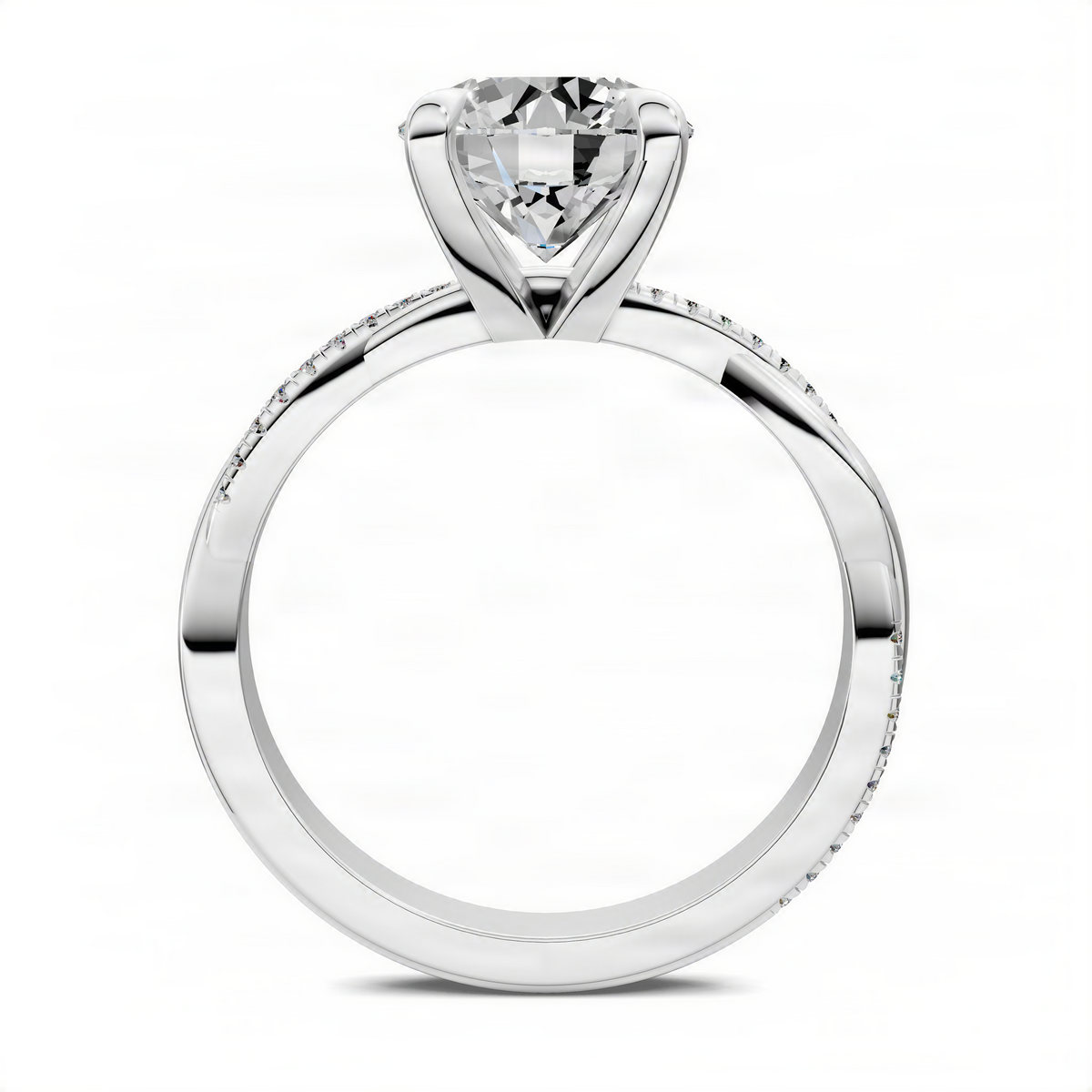 Round scalloped twisted pavé ring with pear-cut center stone in white metal