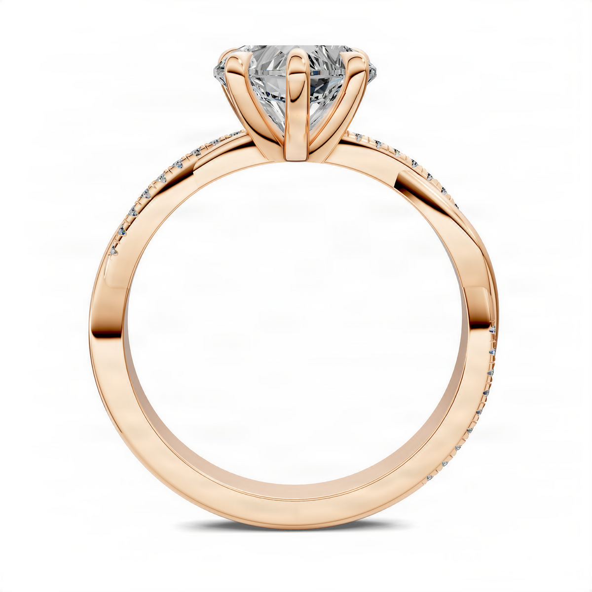 Rose gold heart scalloped twisted pavé ring with round center stone