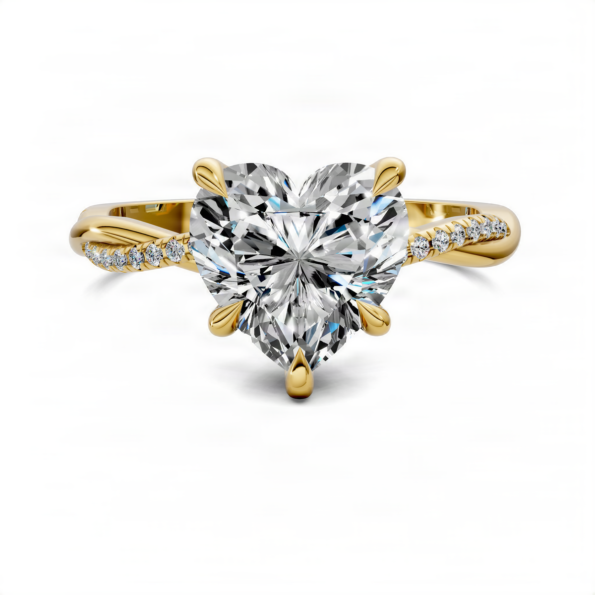 Heart-shaped pavé twist ring with large center stone in yellow gold