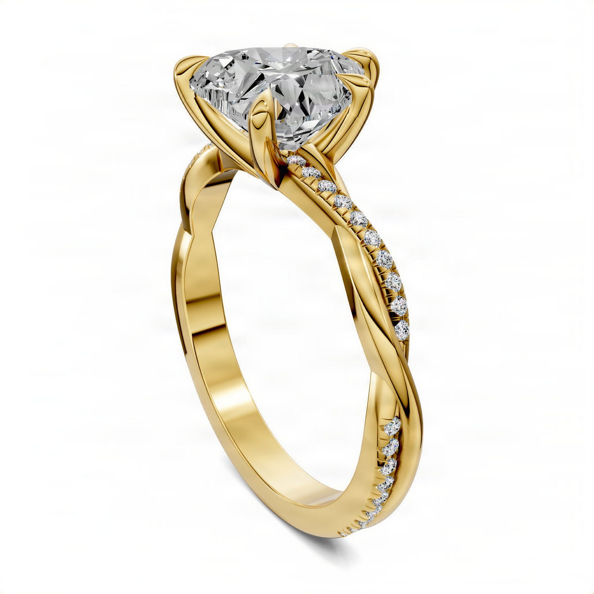 Gold heart-cut pavé twist ring with scalloped band