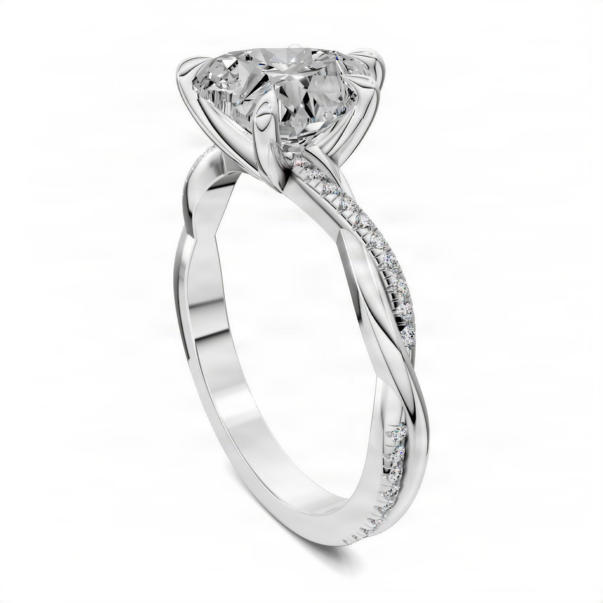Platinum heart scalloped twisted pavé ring with round center stone
