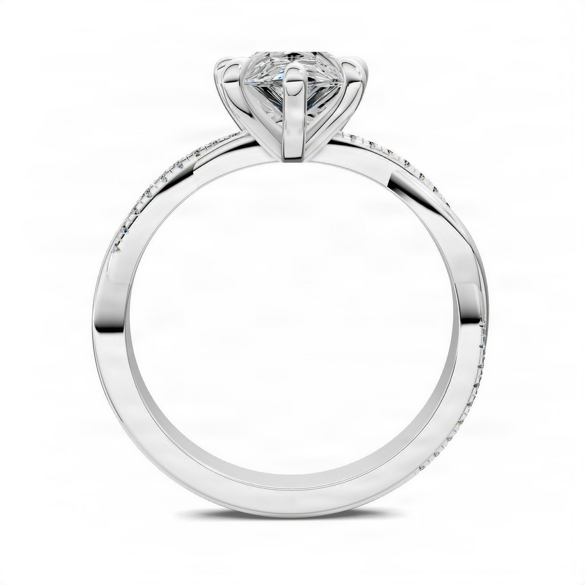 Pear scalloped twisted pavé ring with solitaire center stone, side view