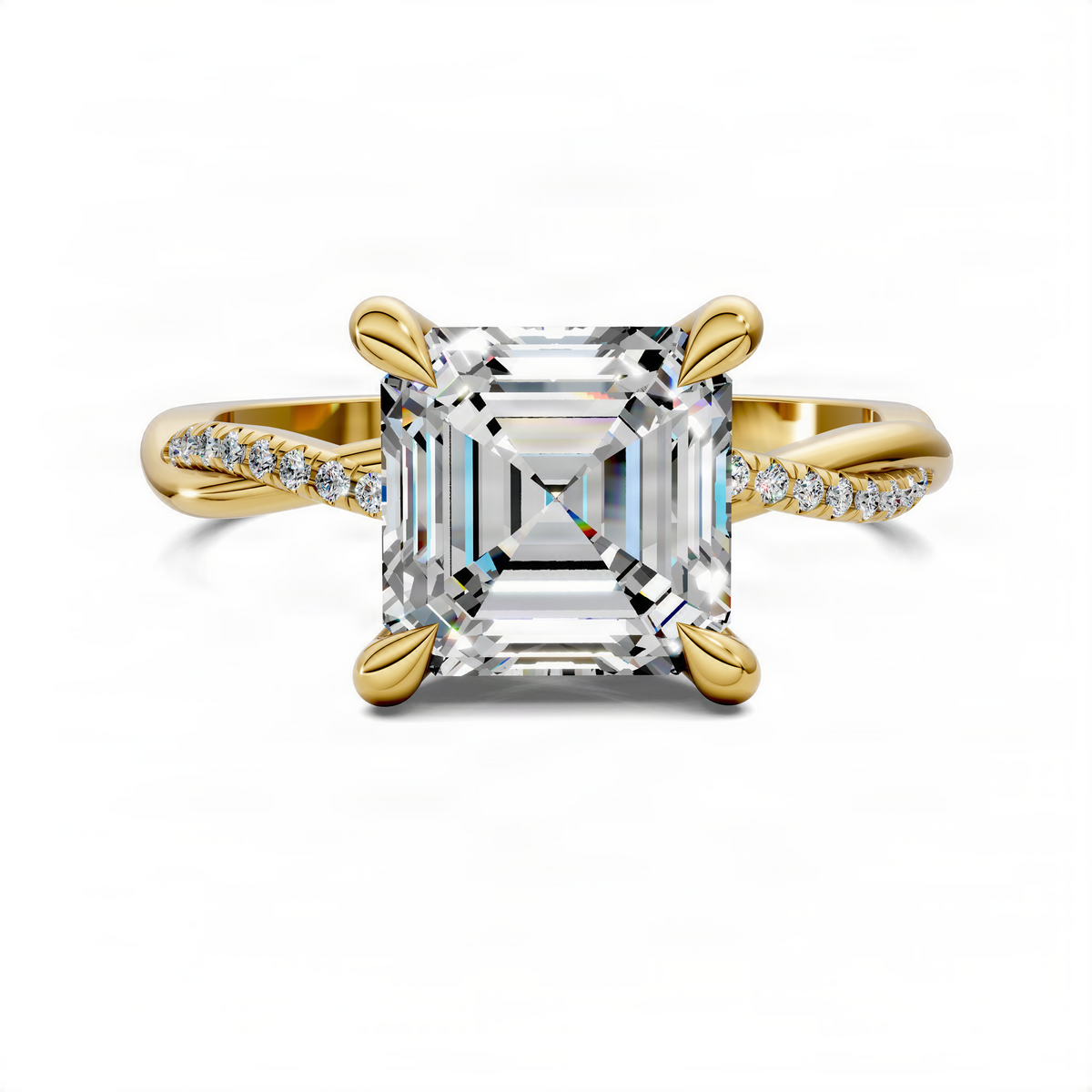 Asscher-cut diamond ring in yellow gold with scalloped pavé band