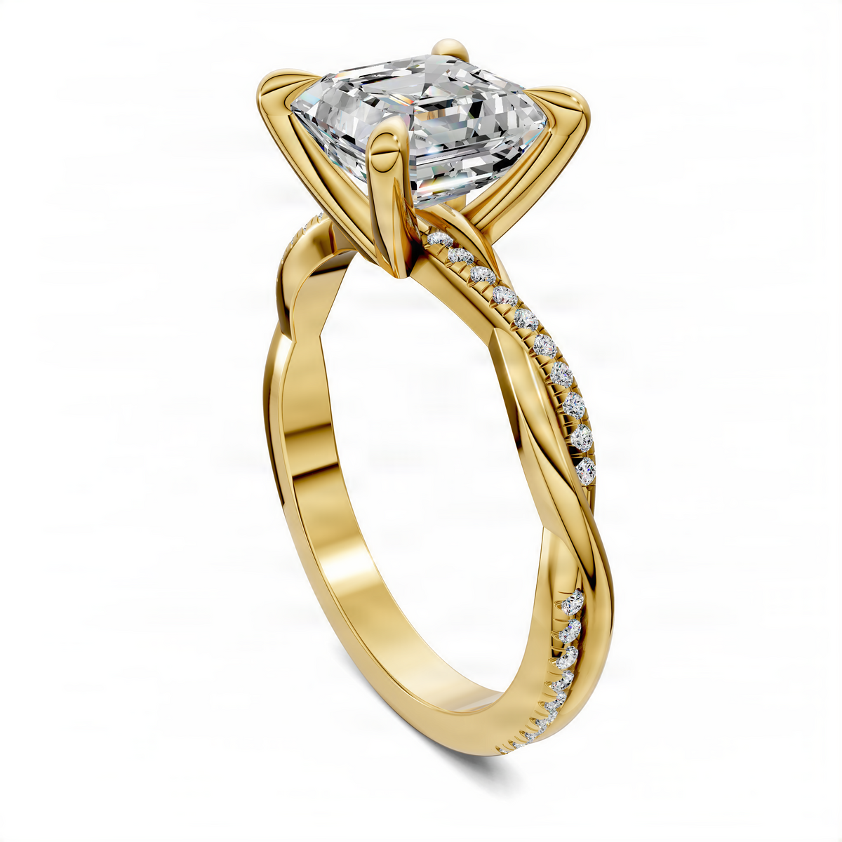 Opes Asscher-cut yellow gold ring with twisted pavé band and large clear center stone