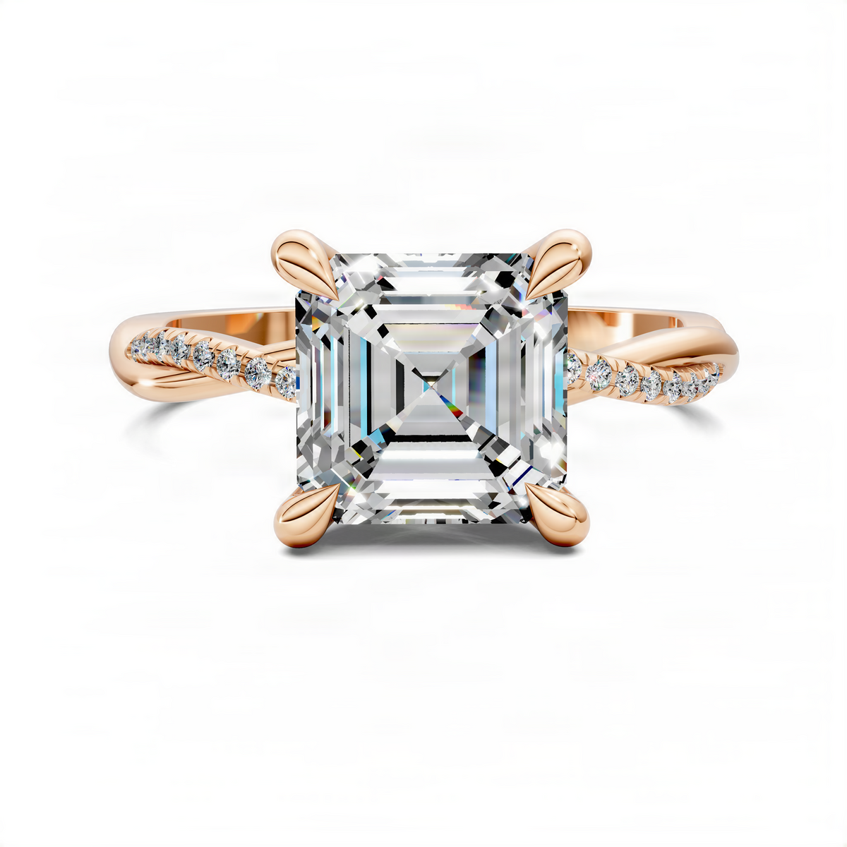 Opes Asscher scalloped twisted pavé ring in rose gold with square center stone