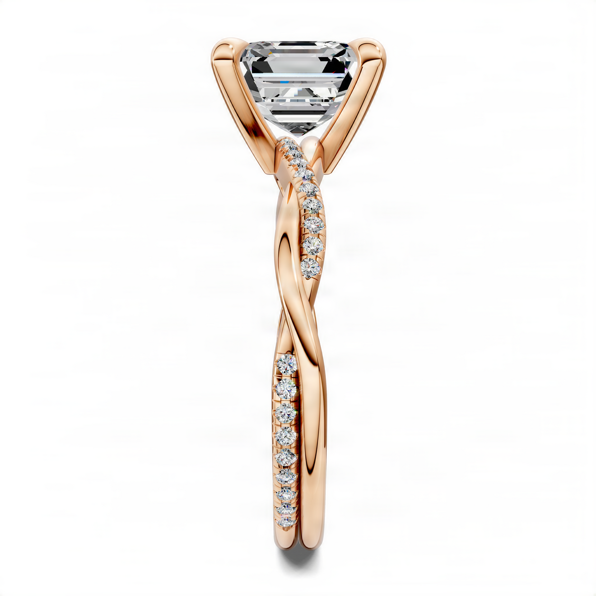 Opes Asscher twisted pavé ring with yellow gold band and rectangular center stone