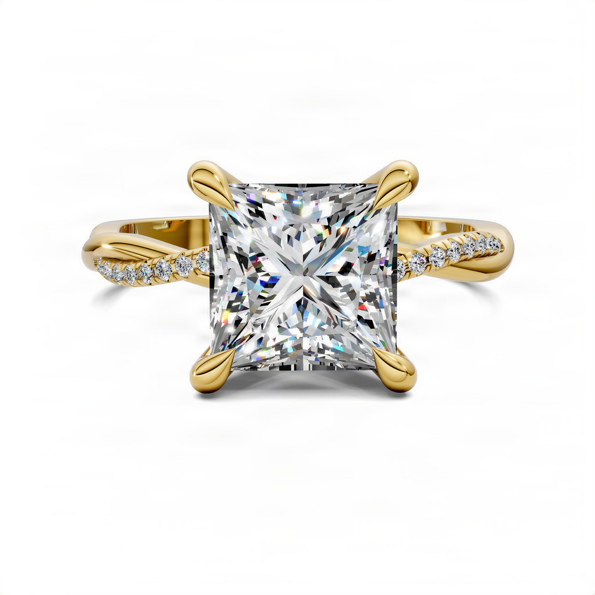 Princess-cut diamond pave twisted ring with star scalloped prongs, yellow gold band