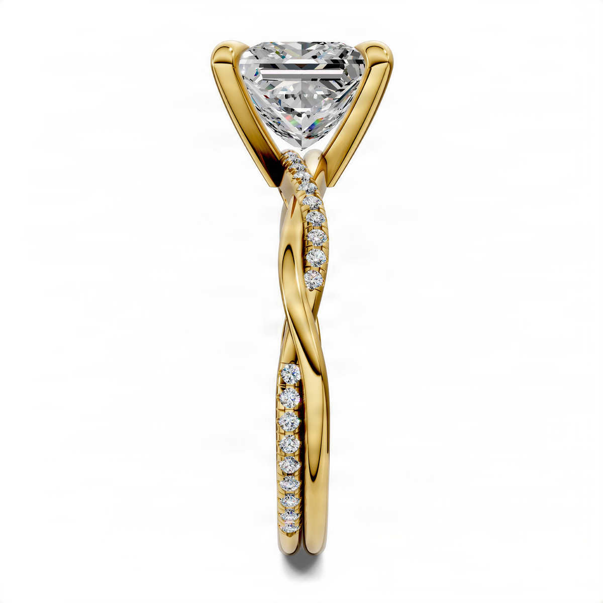 Yellow gold twisted pavé ring with princess-cut center stone