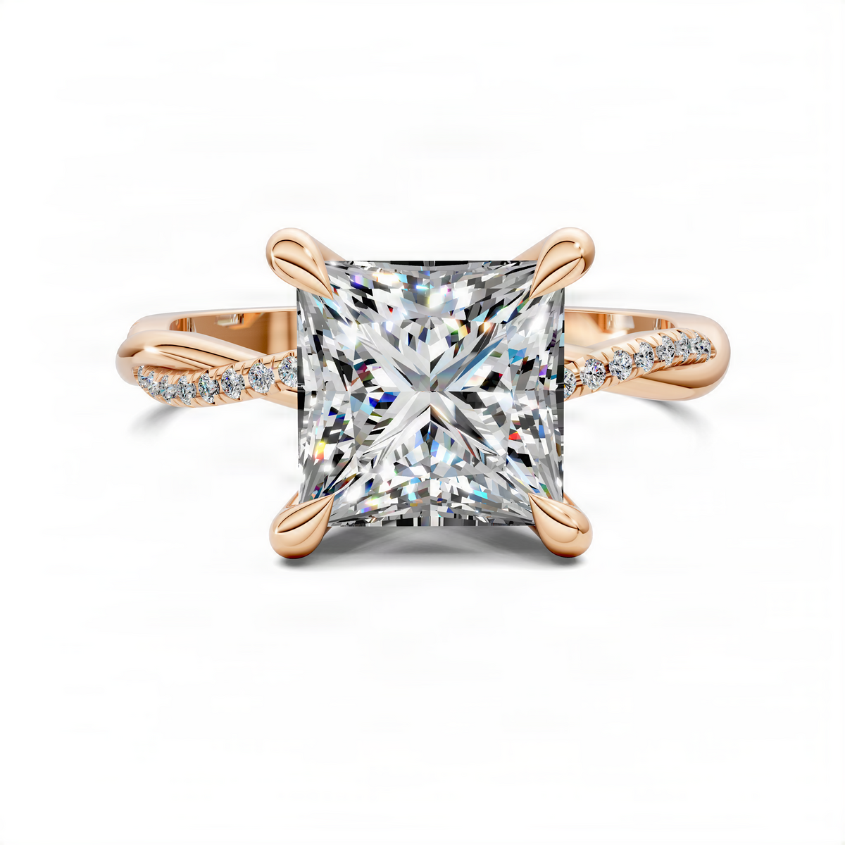 Princess-cut pave ring in rose gold with twisted scalloped band