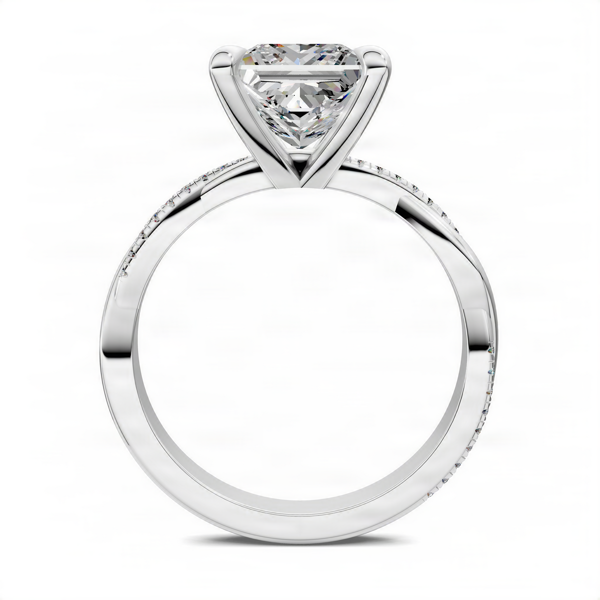 Princess-cut diamond pave twisted ring with scalloped prongs, white metal band
