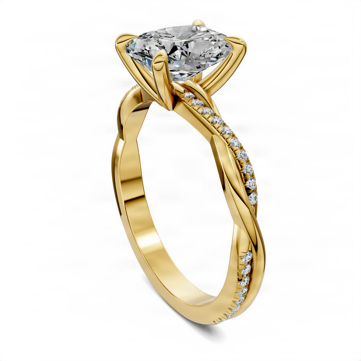 Yellow gold scalloped twisted pavé engagement ring with oval center stone
