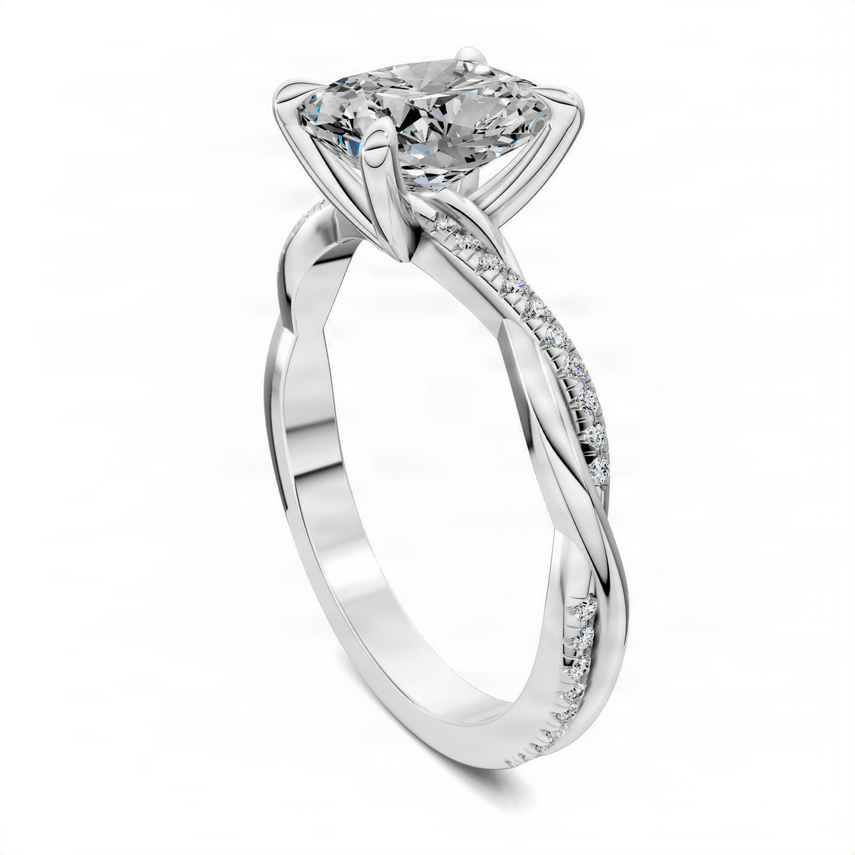 Twisted pavé solitaire ring with cushion-cut center stone