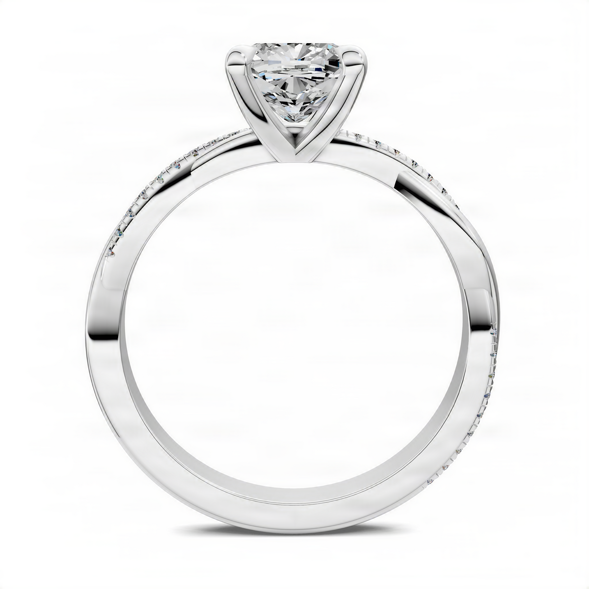 Platinum ring with cushion-cut center stone and pavé band