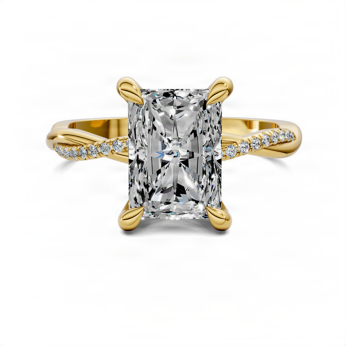 Yellow gold radiant cut pavé engagement ring with rectangular center stone