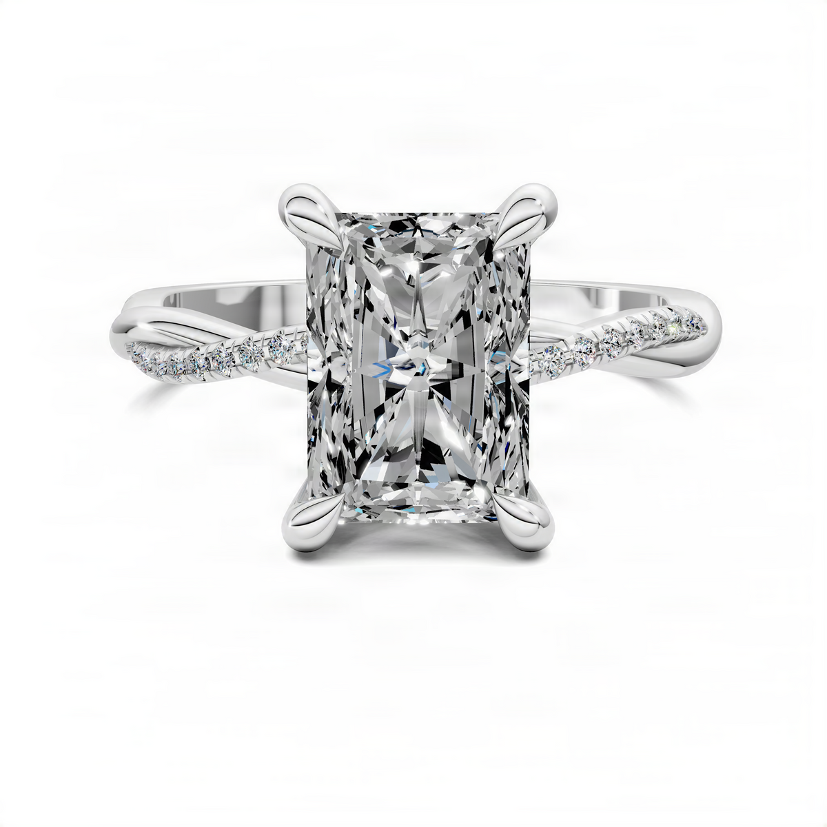 Twisted pavé ring with radiant-cut center stone in a four-prong setting