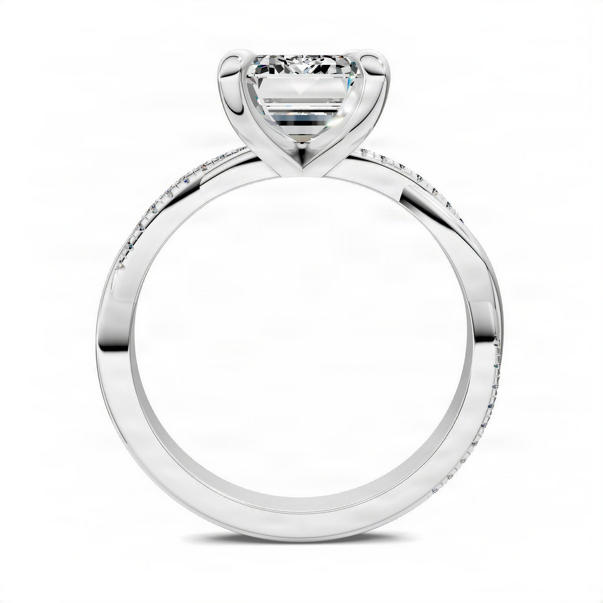 Emerald-cut solitaire ring with twisted pavé band in white metal