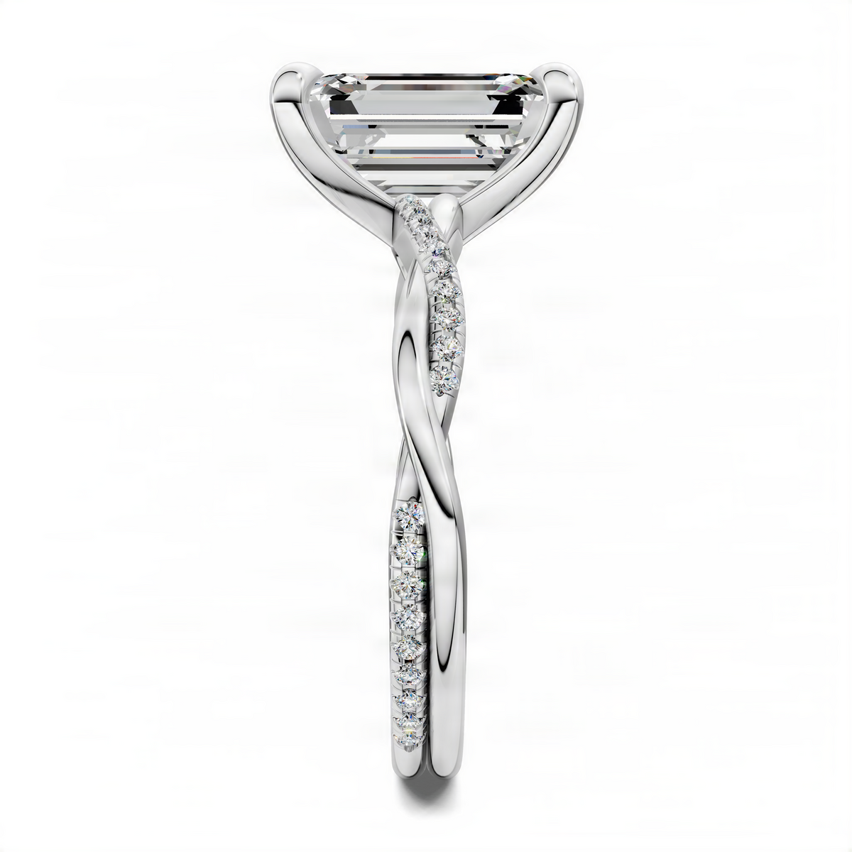 Twisted pavé ring with emerald-cut center stone in white metal