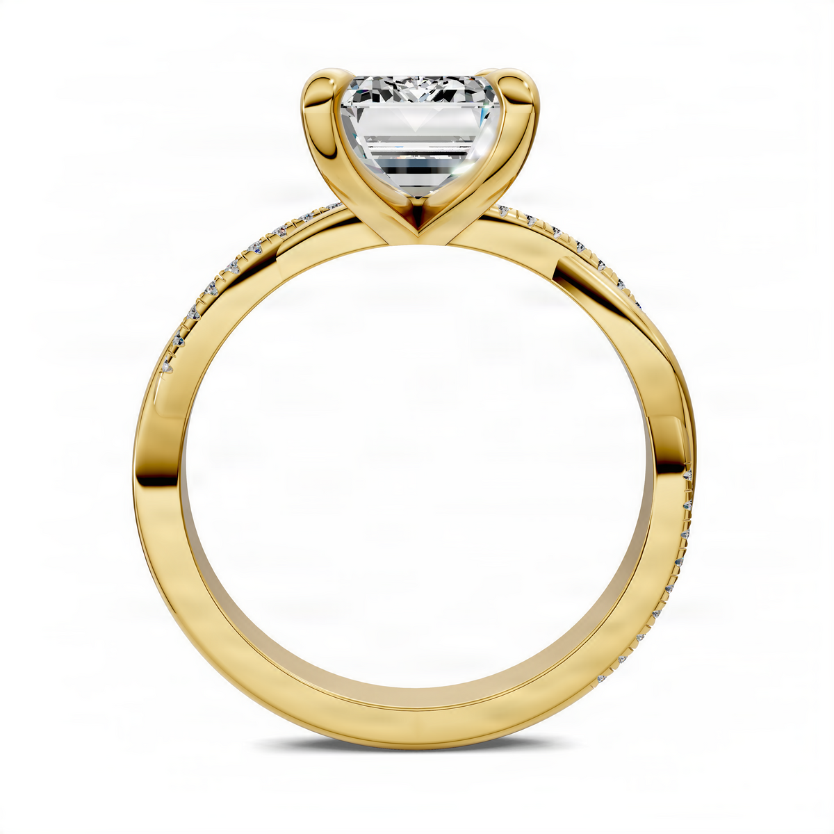 Emerald scalloped twisted pavé ring in yellow gold with round center stone