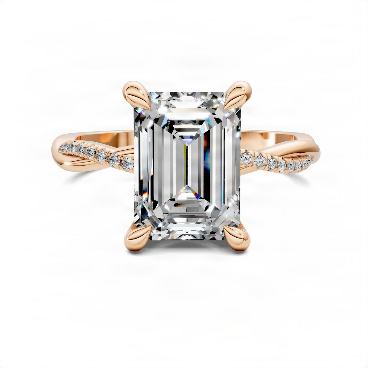 Emerald-cut pavé ring with scalloped twisted rose gold band and four claw prongs