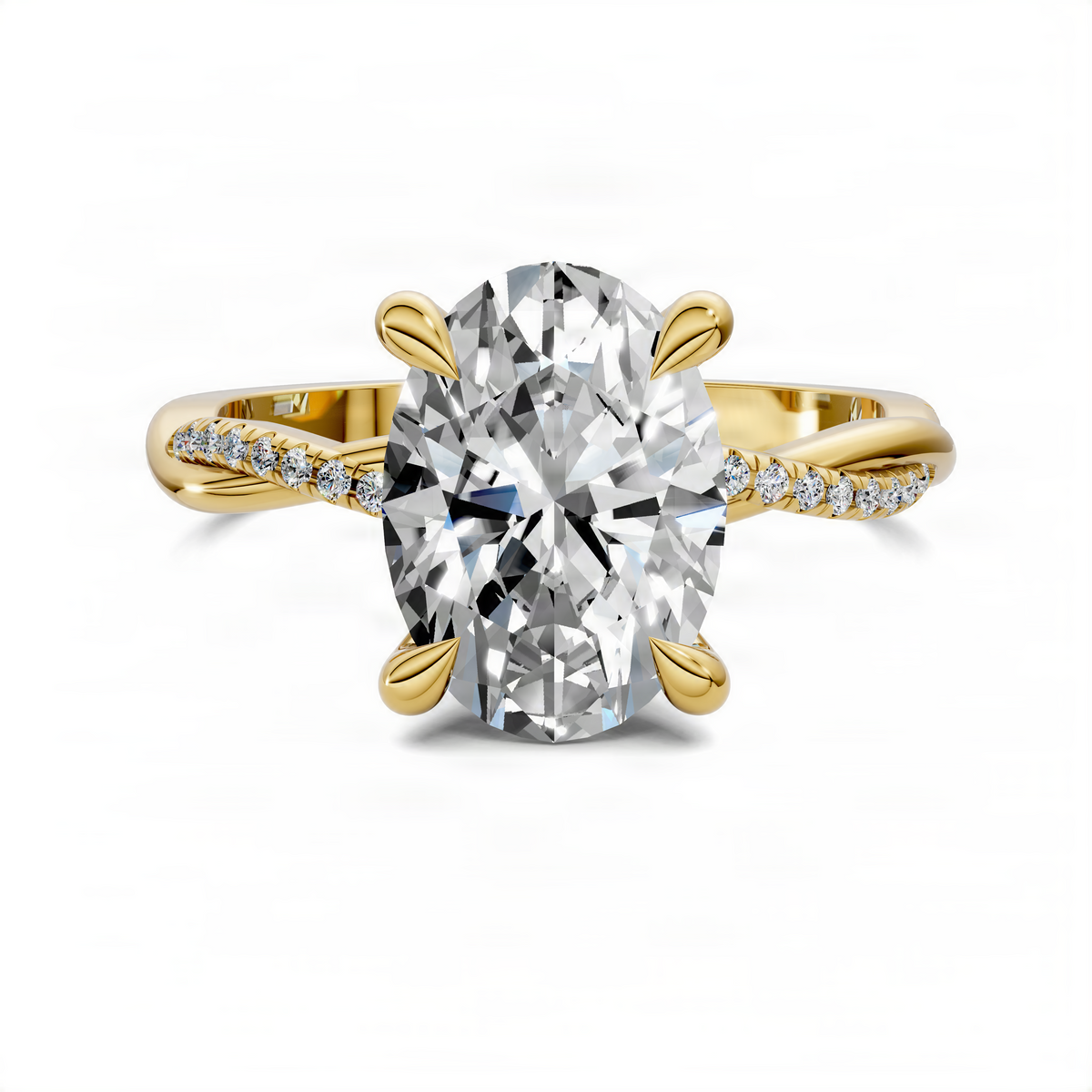 Oval scalloped twisted pavé ring in yellow gold with large oval center stone