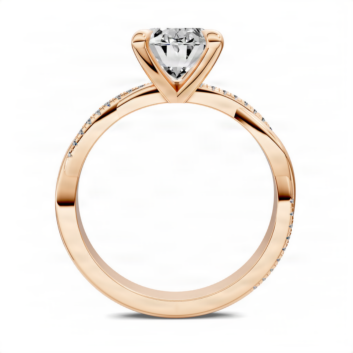 Oval pavé engagement ring in yellow gold with twisted prongs and scalloped band