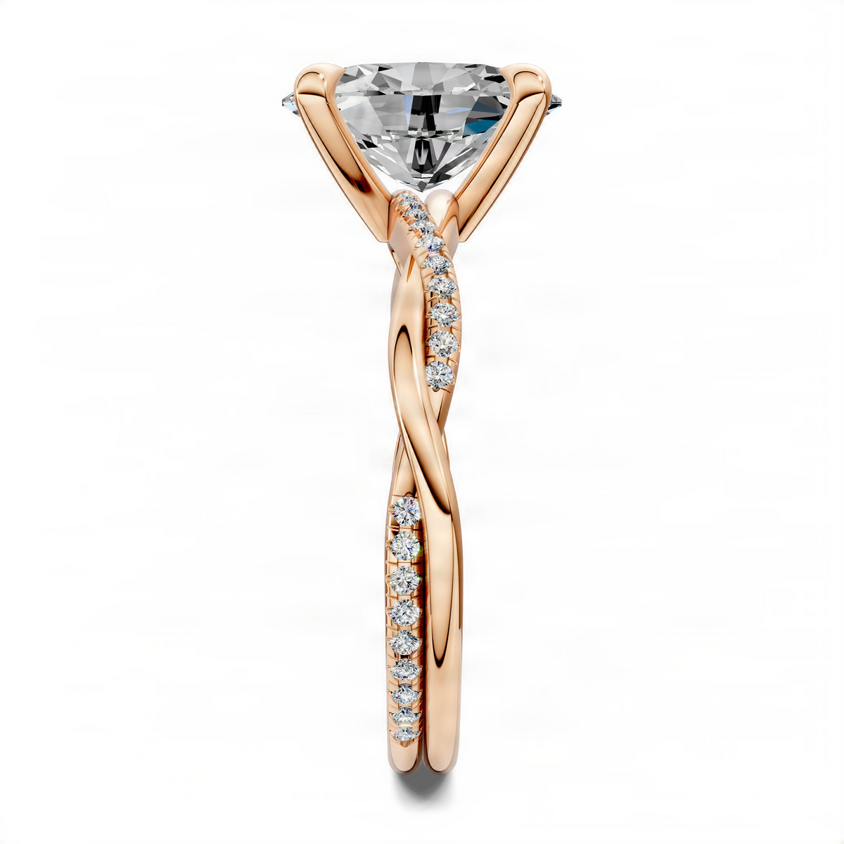Oval twisted pavé ring with oval center stone in rose gold