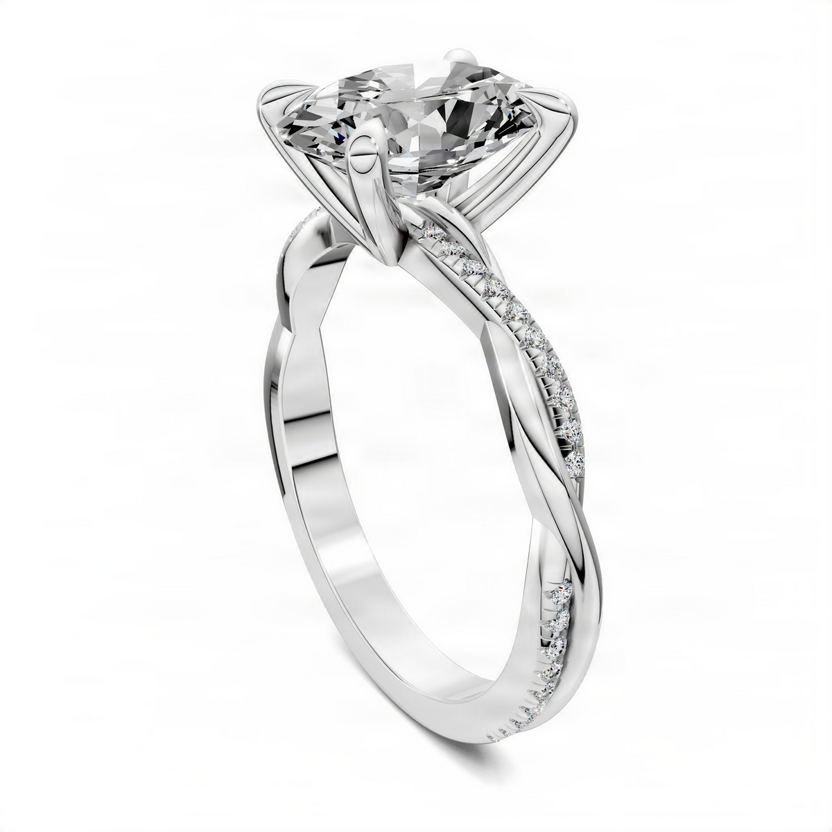 Oval scalloped twisted pavé engagement ring in white metal with solitaire center stone