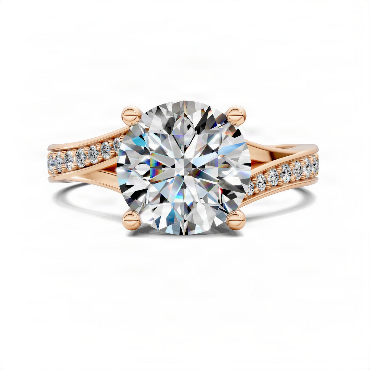 Round diamond engagement ring with split shank and side pave, rose gold band