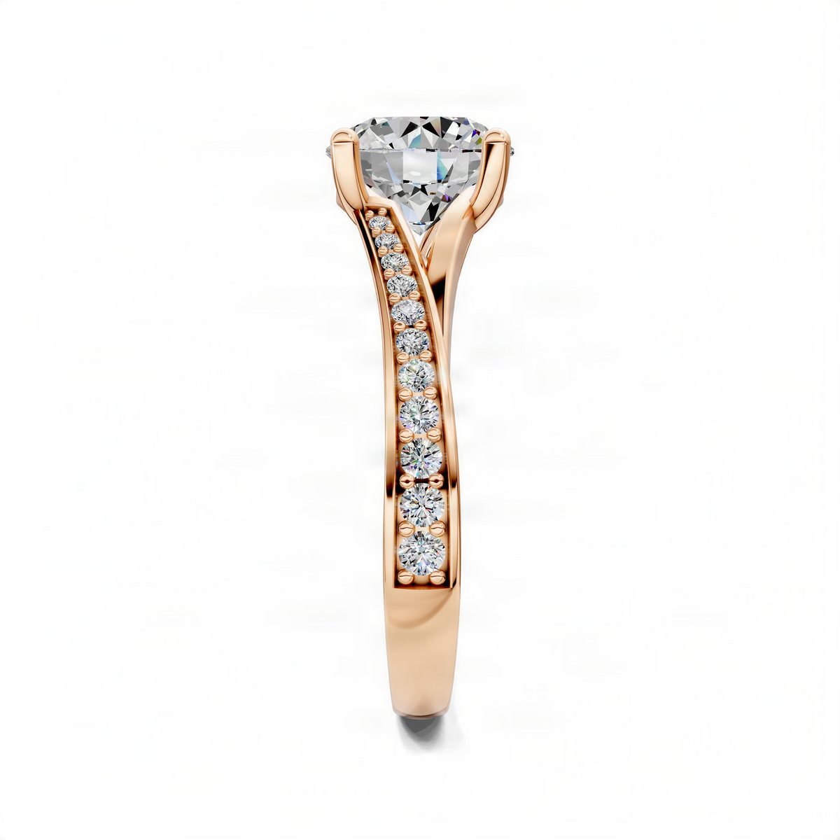 Rose gold split shank pavé engagement ring with round center stone