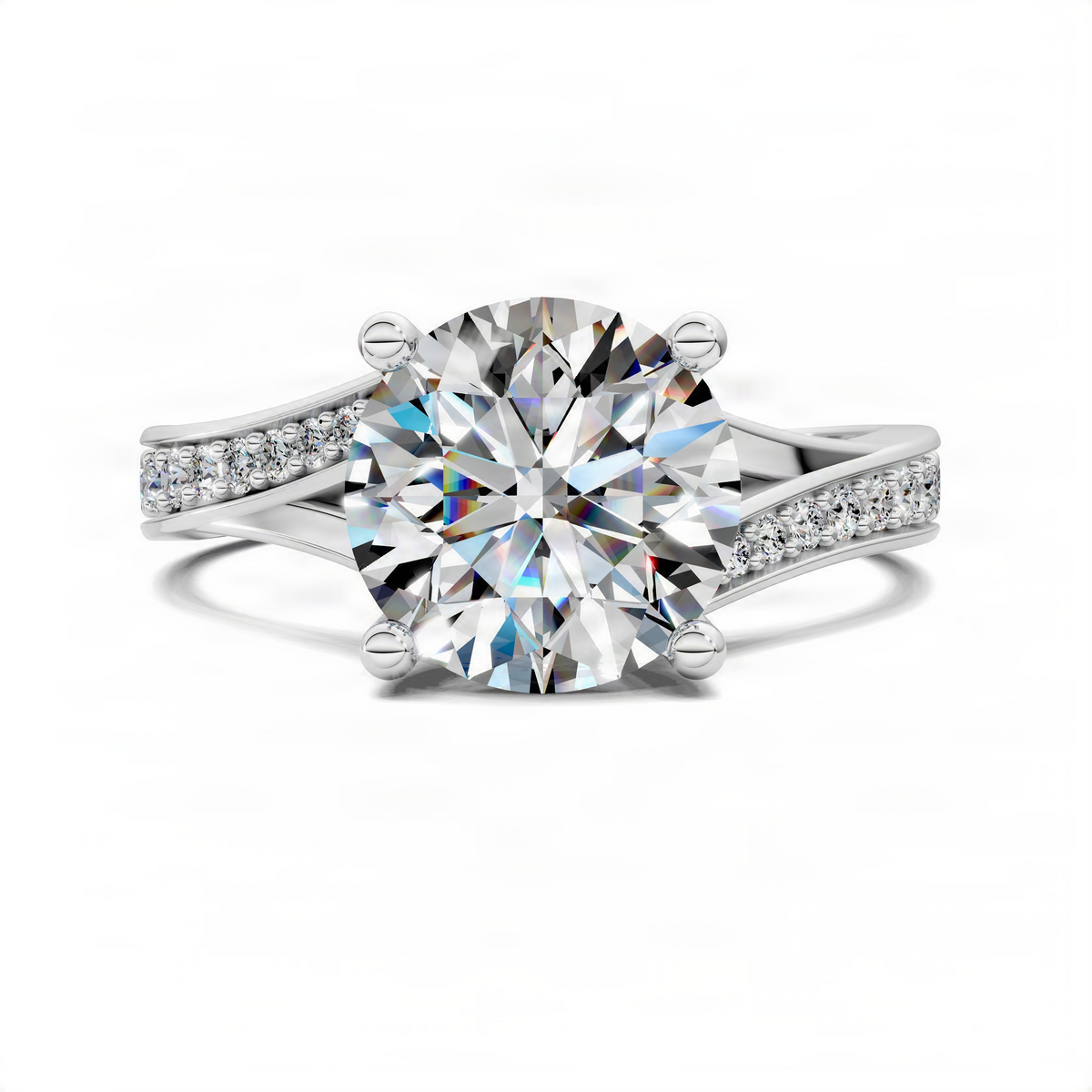 Round diamond split shank pave engagement ring in white metal