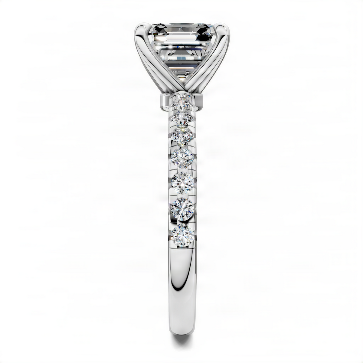 Asscher-cut pavé ring in white metal with scalloped setting