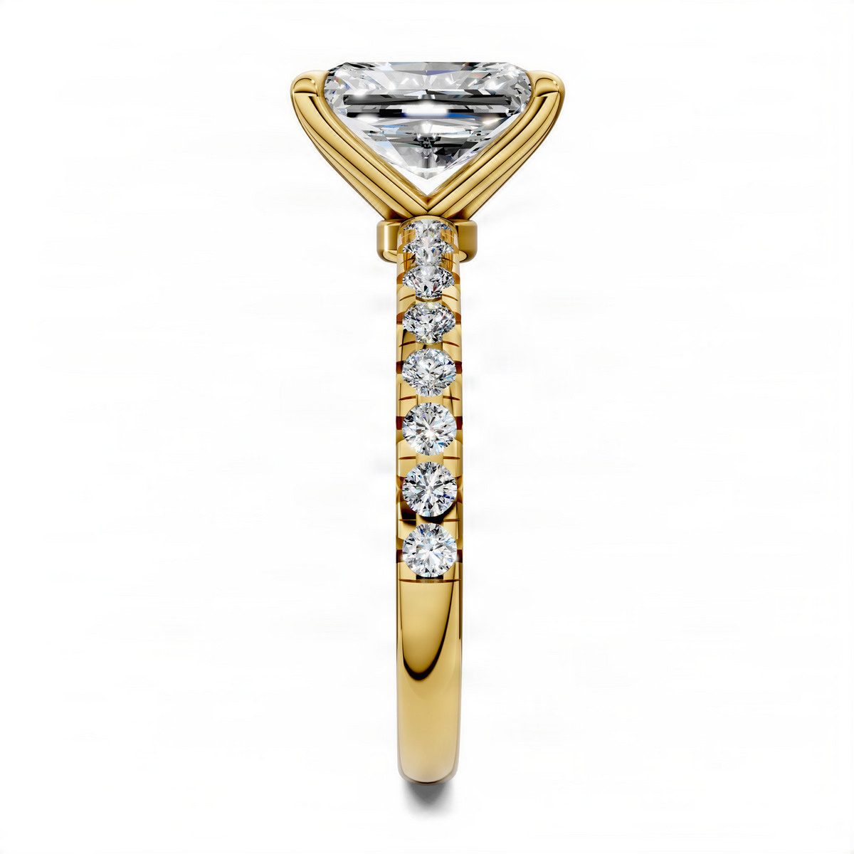 Yellow gold pavé ring with scalloped setting and round center stone