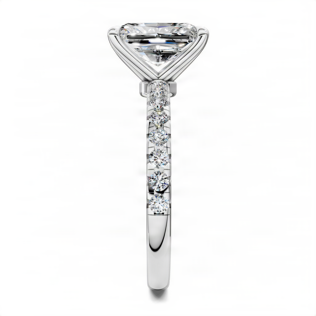 Diamond ring with scalloped pavé band and prong-set center stone