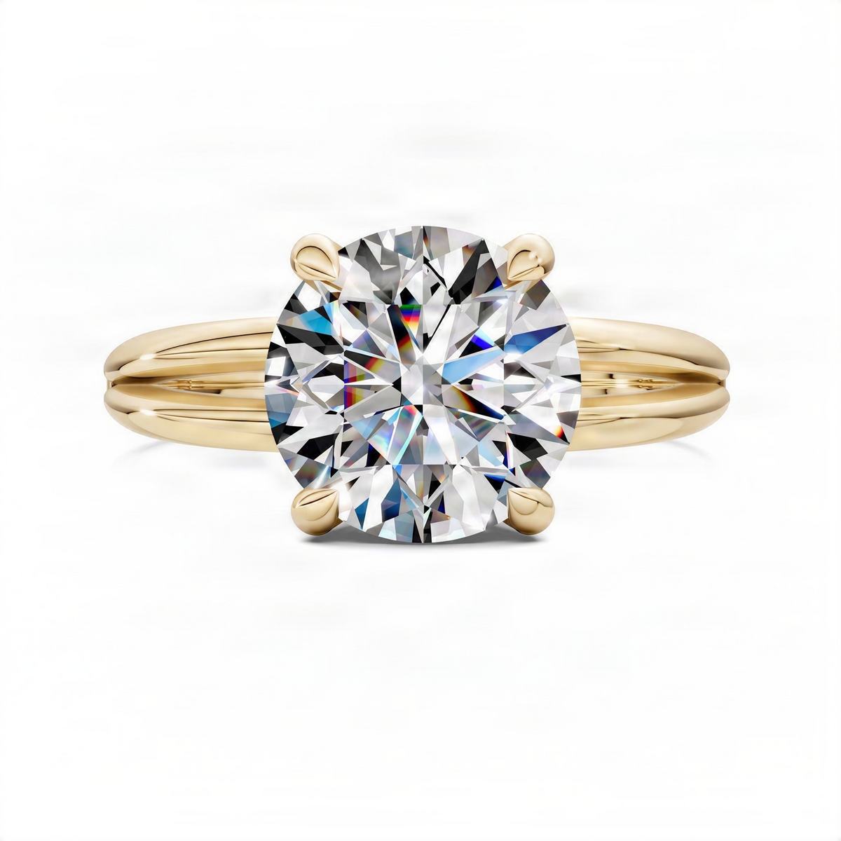 Yellow gold split band ring with round diamond floating center and four prongs