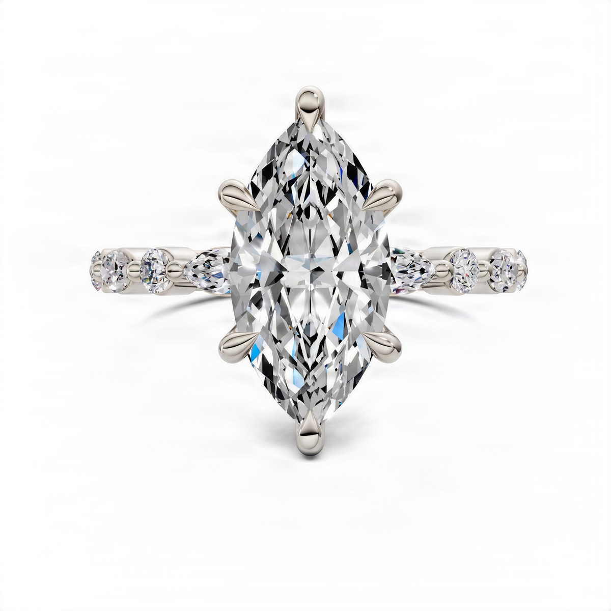 Marquise center accent ring with large marquise gemstone and round side stones, silver-toned setting