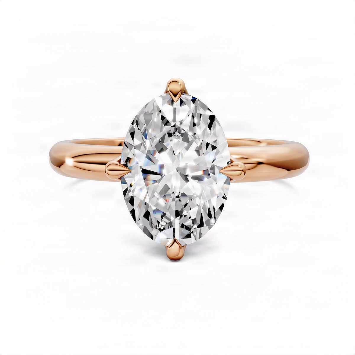 Rose gold oval diamond ring with floral center basket setting and smooth band