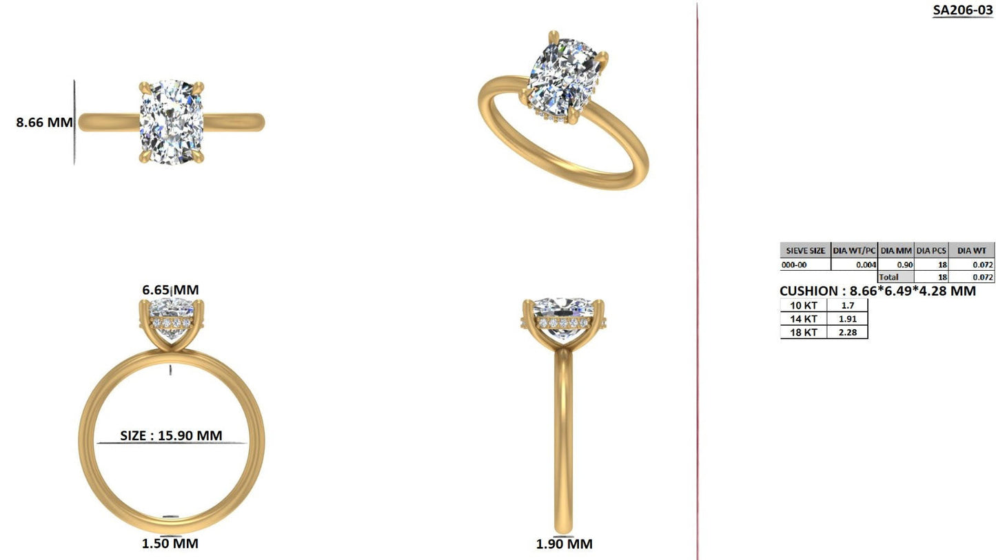 CUSTOM Hidden halo and Elongated Cushion Ring in Yellow Gold
